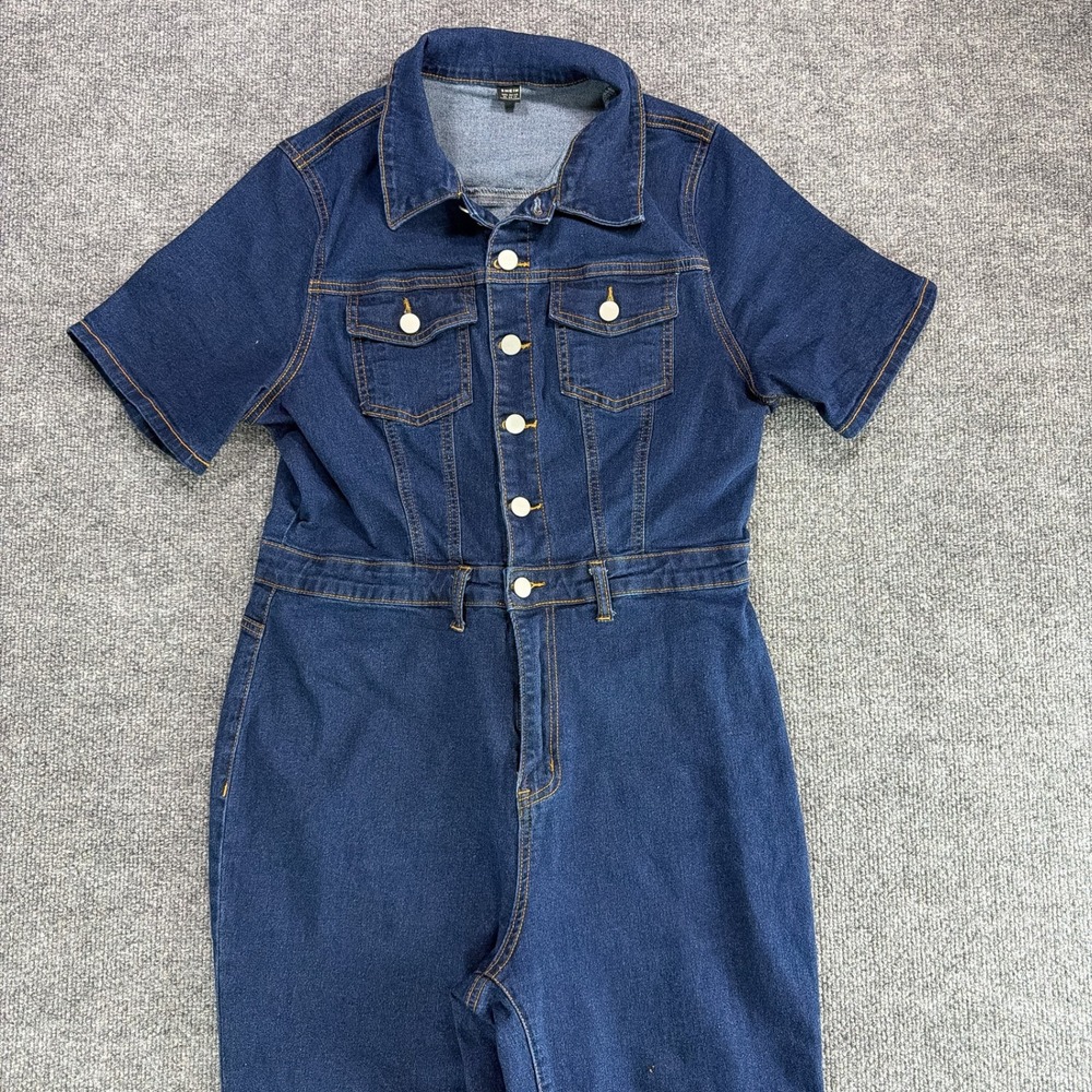 Shein Women Dark Wash Short Sleeve Denim Jumpsuit XL 12 Button Front Slim Leg